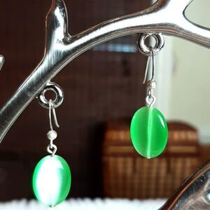 Real Silver Dangle‎ Green Stone Earrings